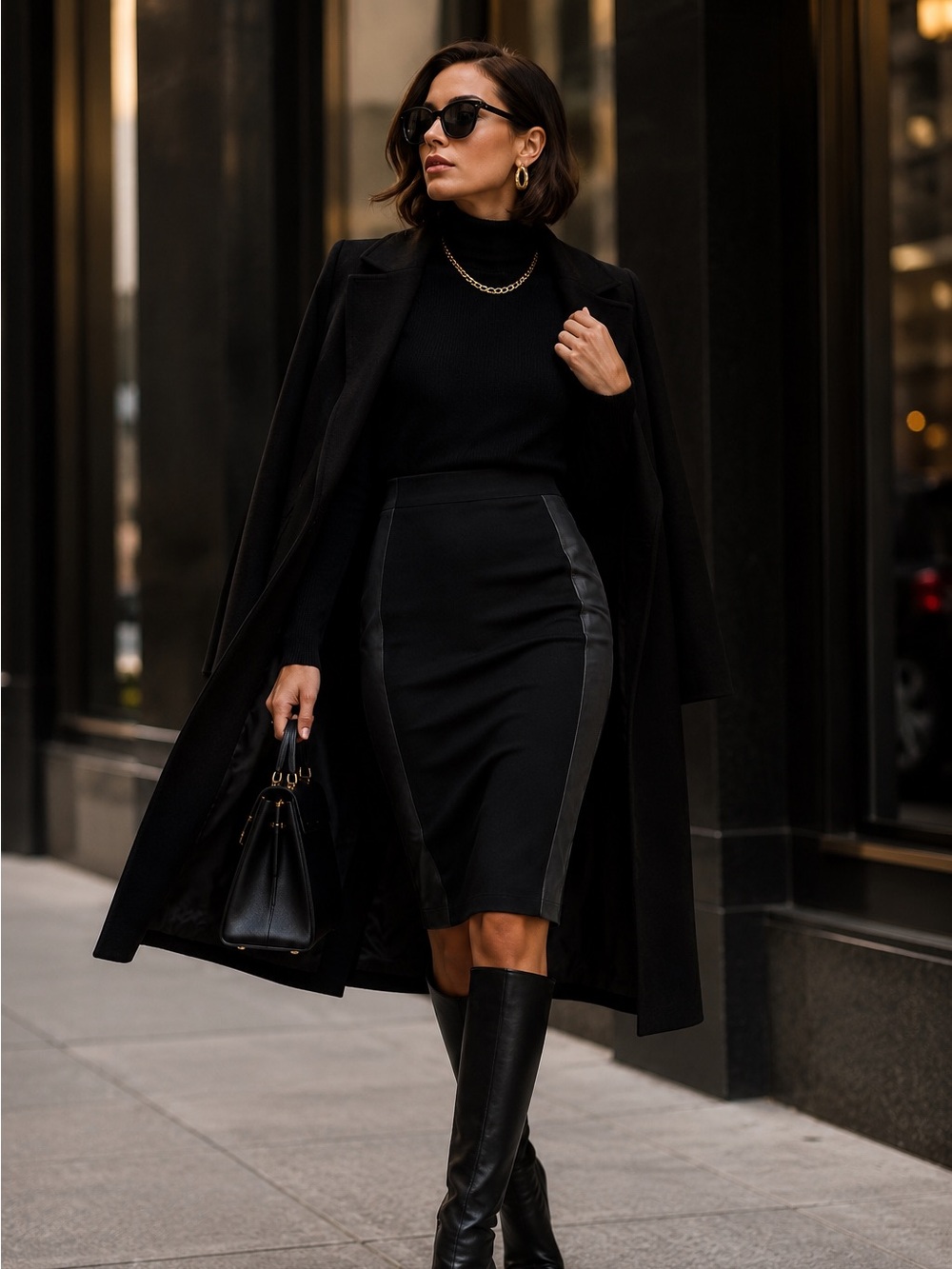 EILEEN FISHER Women's Black Knit Leather Panels Pencil Skirt L
